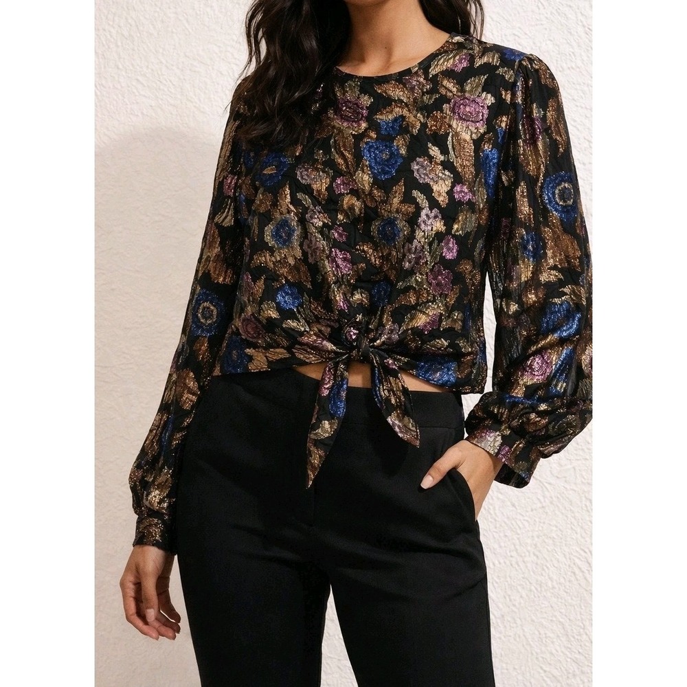 Vintage Lord & Taylor ILGWU Metallic Floral Blouse Tie Waist USA 80s